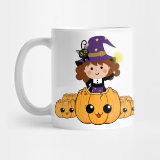 Cute little halloween witch with pumpkin and black cat Mug